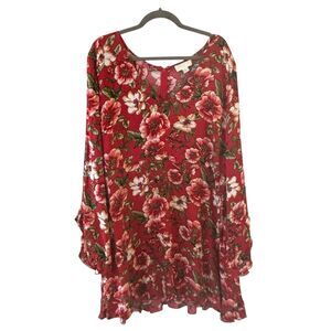 Forever 21 Plus Dress Bohemian Red 3X Floral Long Sleeves Feminine Colorful City
